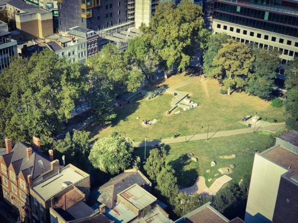 London Whitechapel Altab Ali Park from above The Gate Hotel