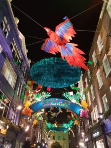 The Christmas lights at Carnaby Street have a new theme each year. The parrot was part of the 2017 decoration